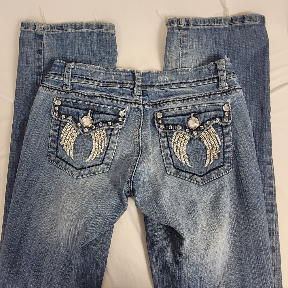 La Idol Jeans Angel Wing Embroidered Rhinestone Bling Size 3